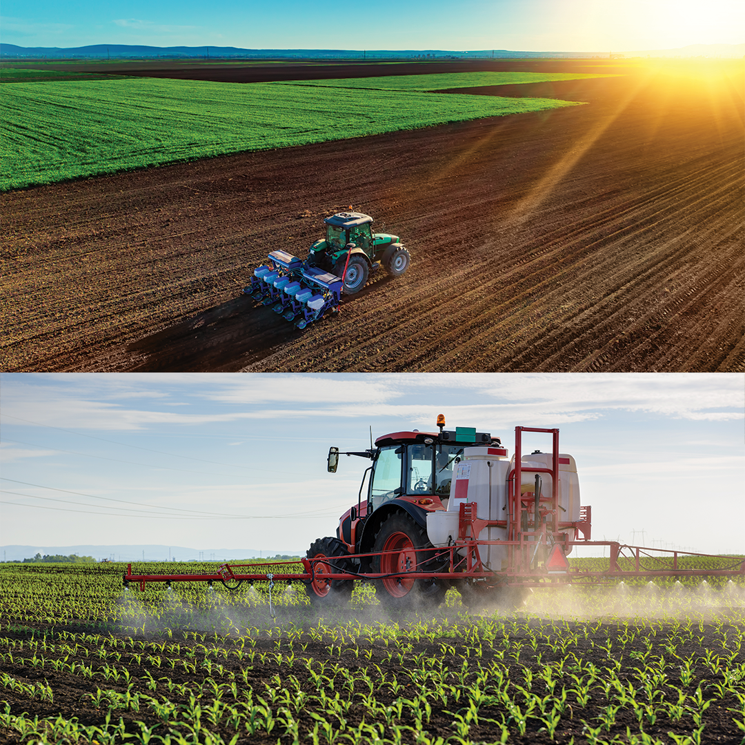 Top: Tractor Seeding with liquid kit. Bottom: Tractor Spraying crops in the 0-6 leaf stage.