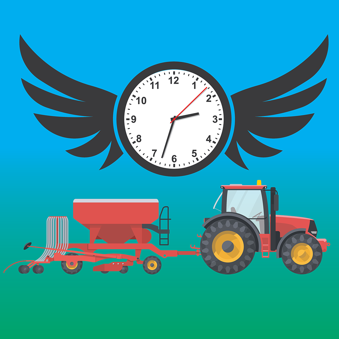 a flying clock and tractor with seeder